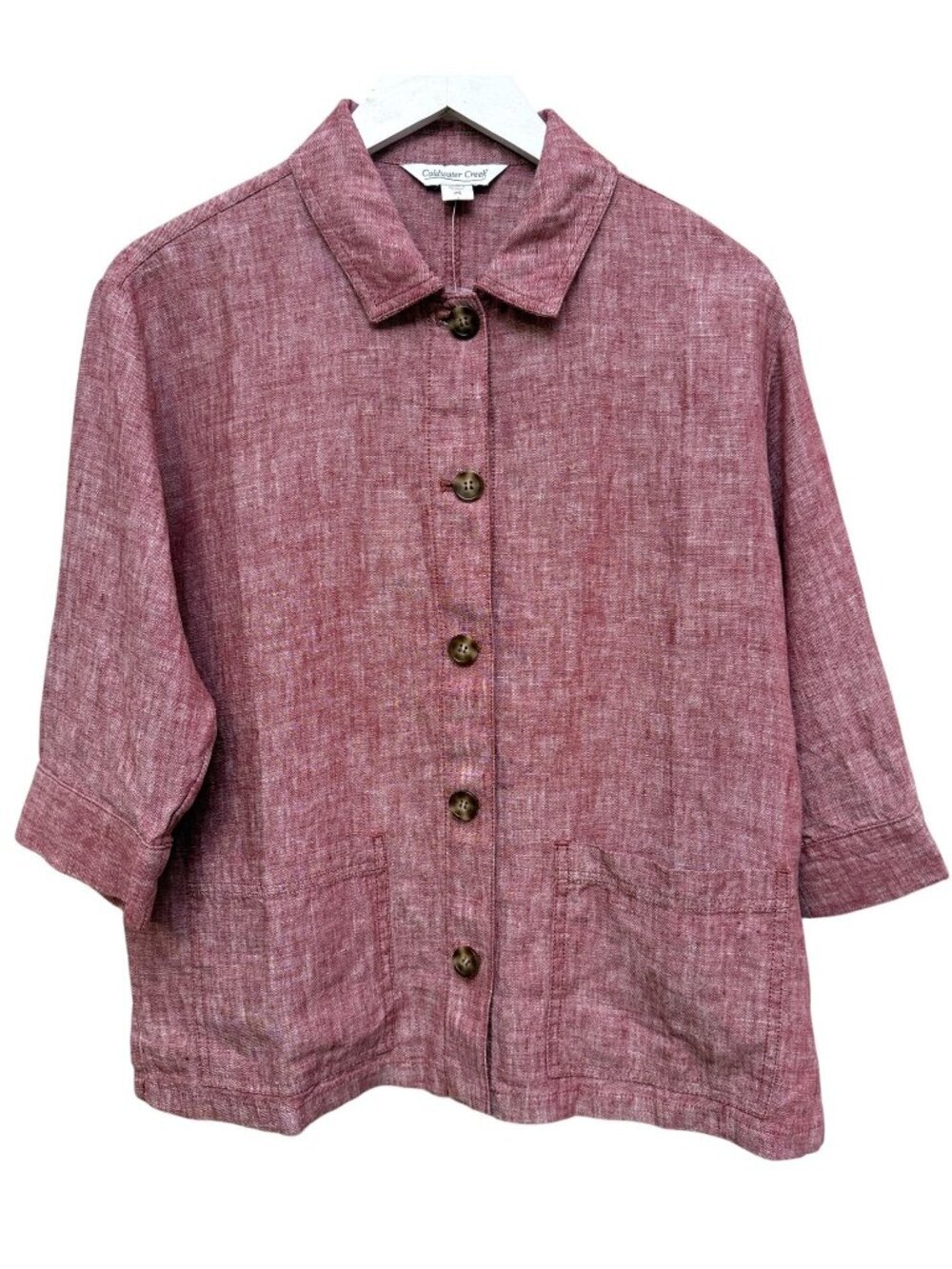 Coldwater Creek Womens Linen Shirt Jacket Small Petite Red Button Front Pockets